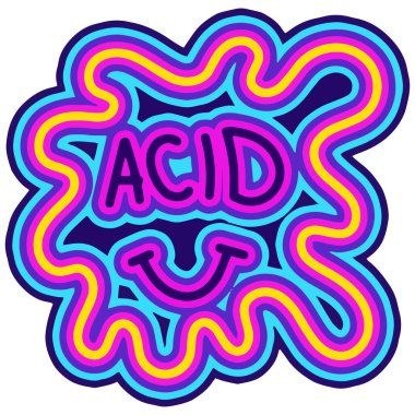 Renkli Doodle Psychedelic Smiley Beyaz Arkaplanda Vintage Style 'da. Çizgi film Simple Flat Psichedelic Gülümseme Sembolü Beyaz Arkaplanda İzole Edildi. Doodle Vektör Çizim Çizimi.