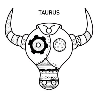 Taurus Zodiac İşaret Rengi Sayfası. Steampunk stili el çizimi boyama kitabı. Siyah ve Beyaz Zen Sanat Taurus İllüstrasyonlu Renkli Çarşaf.