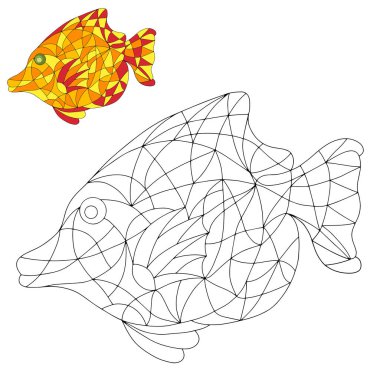 Black and White and Colored Illustration in stained glass style with abstract Fish. Image for Coloring Book, Coloring Page, Print, Batik and Window.