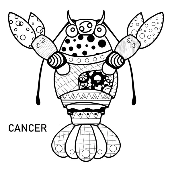 Cancer Zodiac Sign Coloring Page. Hand Drawn Coloring Book in Steampunk Style. Coloring Sheet with Black and White Zen Art Cancer Illustration.