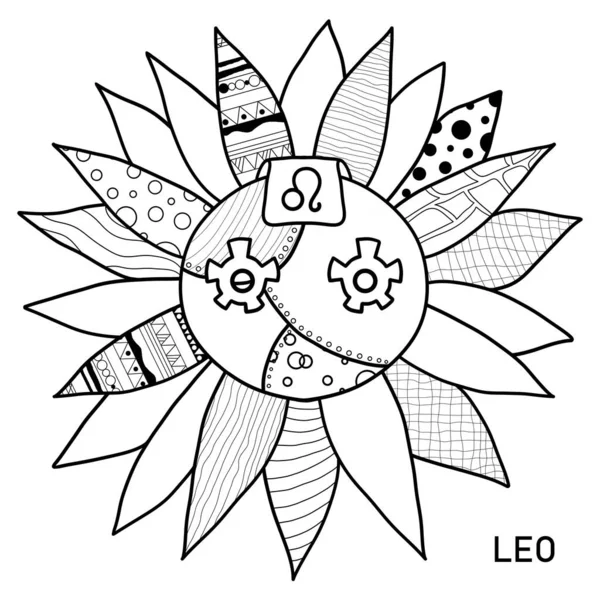 Leo Zodiac Sign Coloring Page. Hand Drawn Coloring Book in Steampunk Style. Coloring Sheet with Black and White Zen Art Leo Illustration.