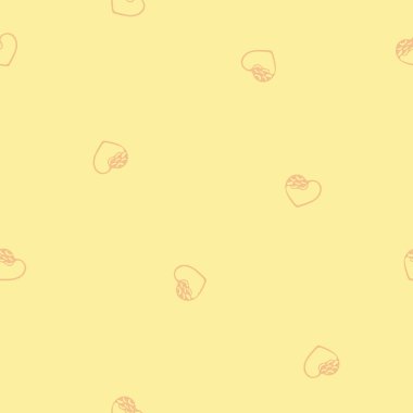 Doodle Tarzı Kalpler Elle Çizilmiş Kusursuz Örnekler. Sevgililer Günü için Romantik Aşk Dijital Kağıdı. Sarı Pastel Arkaplanda Renkli Kalpler.