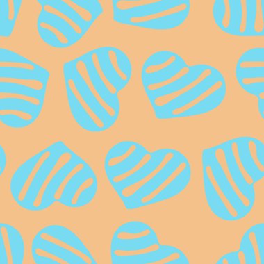 Doodle Tarzı Kalpler Elle Çizilmiş Kusursuz Örnekler. Sevgililer Günü için Romantik Aşk Dijital Kağıdı. Pastel Turuncu Arkaplanda Renkli Kalpler.