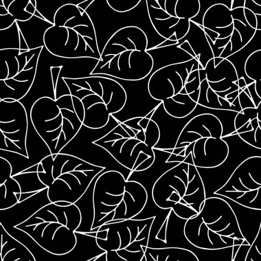 Elleri Siyah ve Beyaz Yapraklı Kusursuz Desen. Sketched Style 'lı Sonbahar Düşen Dijital Kağıt. Contour Leaves 'in geçmişi. Eko, Organik, Vegan Tasarımı.