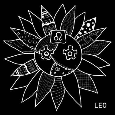 Leo Zodiac İşaret Rengi Sayfası. Steampunk stili el çizimi boyama kitabı. Siyah ve Beyaz Zen Sanatı Leo İllüstrasyonlu Renkli Sayfa.