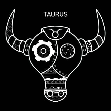 Taurus Zodiac İşaret Rengi Sayfası. Steampunk stili el çizimi boyama kitabı. Siyah ve Beyaz Zen Sanat Taurus İllüstrasyonlu Renkli Çarşaf.