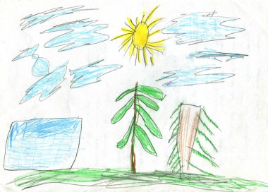 Neşeli çocukların el çizimleri. Mutlu Çizgi Filmler. Palmiye ağacı, fidan ağacı, güneş, mavi bulutlar, yeşil ot ve mavi göl.
