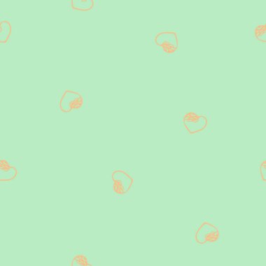 Doodle Tarzı Kalpler Elle Çizilmiş Kusursuz Örnekler. Sevgililer Günü için Romantik Aşk Dijital Kağıdı. Yeşil Pastel Arkaplanda Renkli Kalpler.