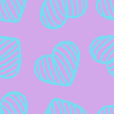 Doodle Tarzı Kalpler Elle Çizilmiş Kusursuz Örnekler. Sevgililer Günü için Romantik Aşk Dijital Kağıdı. Pastel Lavanta Arkaplanda Renkli Kalpler.