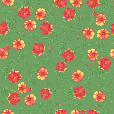 Marigold Çiçeği Kusursuz Şablon. El çizimi Yeşil Arkaplan Çiçek Sayısal Kağıdı.