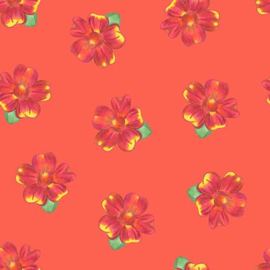 Marigold Çiçeği Kusursuz Şablon. El Çizimi Kırmızı Arkaplanda Çiçek Sayısal Kağıdı.