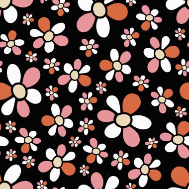 Kusursuz desenli Doodle Hand, Kara Arkaplan 'da Daisy Flower' ı çizdi. Havalı Hippi 70 'lerin Dijital Kağıdı. Komik Karikatür Çiçeği. Moda Retro Psychedelic Çizgi Film Tarzı. Havalı kal. İyi titreşimler..