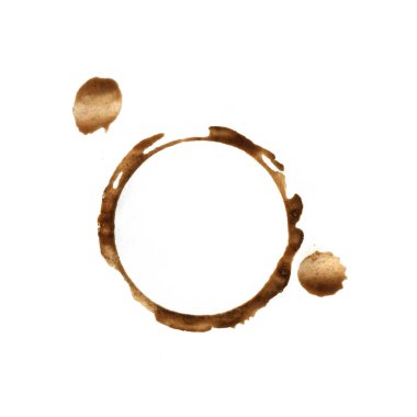 Kahverengi kahve fincanı izi, beyaz arka planda izole edilmiş. Suluboya Kahve ve Çay Çemberi Lekesi.