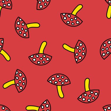 Mantar Sineği Agaric 'li kusursuz desen. Beyaz benekli kırmızı mantar. Zehirli mantar arka planı tekrarlıyor. Havalı hippi 1970 'ler. Komik Çizgi Filmlerdeki Kusursuz Moda Çizgi Film Tarzı. Hippi 60 'lar, 70' ler tarzı.