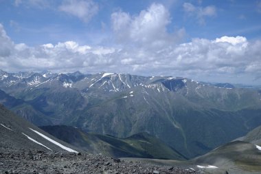 Görkemli karlı tepeleri, derin vadileri ve sakin mavi gökyüzü olan engebeli bir dağ manzarası. Açık hava macerası ve doğa aşıkları için ideal..