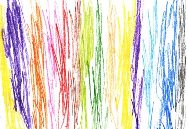 Parlak renkli pastel boya karalamaları tüm beyaz arkaplanı kaplıyor. Karalamalar kırmızı, turuncu, sarı, yeşil, mavi ve mor gibi çeşitli renklerden oluşur..