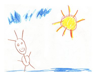 Beyaz Arkaplanda Yürüyen Pastel Boyalı Çocuklar Çocuğu Çizdi. Childs Pastel Tebeşir Kadın 'ı Güneş Altında Çekti. Resim Çizen Çocukların Sevimliliği.