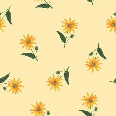 Topinambur Çiçeksiz Düzen. El Çizimi Sarı Arkaplan Çiçek Sayısal Kağıdı.