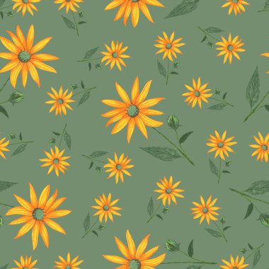 Topinambur Çiçeksiz Düzen. El çizimi Yeşil Arkaplan Çiçek Sayısal Kağıdı.