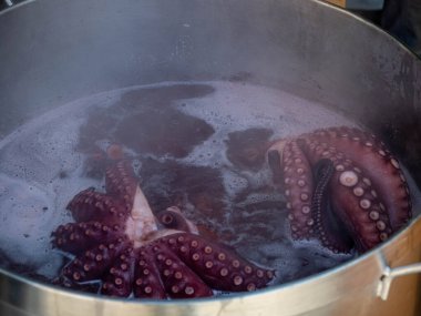 Pulpo a la gallega, patatesli galiçya ahtapotu, paprika, tuz ve zeytinyağı. Geleneksel ahşap bir tabakta tipik İspanyol Galiçya tapası. Tipik İspanyol tapa kavramı.