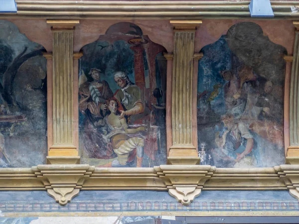 プラザ市長デ グラウス フエスカ アラゴンのファサードの詳細家の装飾のためのスペイン色の図面 — ストック写真