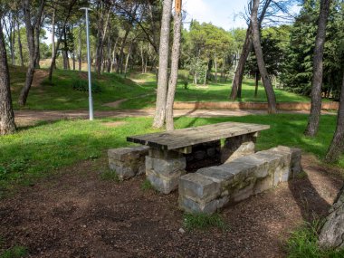 Parkta güzel bir ahşap bank.