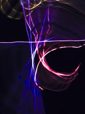 Karanlık arka planda renkli ışık izleri. Parlak renklerde dönen soyut ışık yolları. Işık resminin bulanık hareketinin ormanları. Geceleri bulanık ışıklar. Kasıtlı kamera hareketi, ICM sahnesi