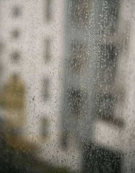 Rain Droplets Window Glass View Window Blurred Street Buildings Bad —  Fotos de Stock