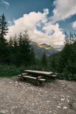 Dağların oradaki milli parkta piknik için ahşap mobilyaları olan turistik bir yer. Aile macerası ve açık hava seyahati kavramı.