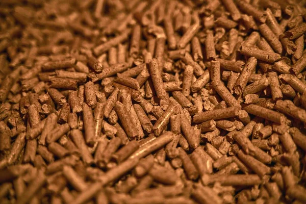Detailed shot of wood pellets. Alternative eco fuel is made from renewable timber wood for the heating house.