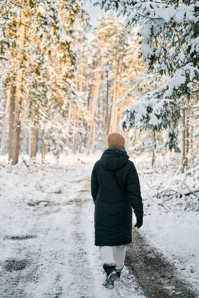 A person walks on the winter road. No face woman hiking in a snow-covered forest.