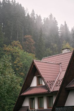 Dağlarda konaklayan bir ev. Kırsal alanda yaşama kavramı. Zakopane, Polonya, Avrupa 'da harika bir kar dağı manzaralı güzel bir evin parçası..
