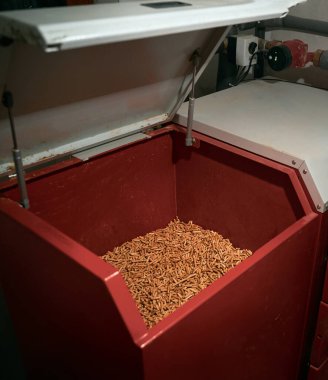 Yığınla ve meşe ağacından yapılma 6 mm 'lik saçmayla dolu saçma bir fırın. Ev ısıtması için eko yakıtı. Daha iyi bir gelecek konsepti için sürdürülebilir ve yenilenebilir enerji.