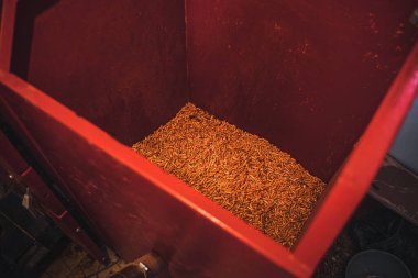 Pellet sobası yakıt dolu. Yenilenebilir ev ısıtmasıyla daha iyi bir gelecek ve sürdürülebilir konsept