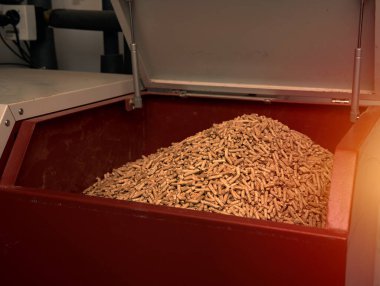 Meşe topaklarıyla dolu pelet sobası. Alternatif yakıt kavramı. Yenilenebilir eko enerjili ısıtma evi.