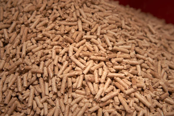 Tahta pelet düzlüğü. Yenilenebilir ve sürdürülebilir yakıt. 6 mm 'lik mermiler ahşap endüstrisinin yan ürünüdür.