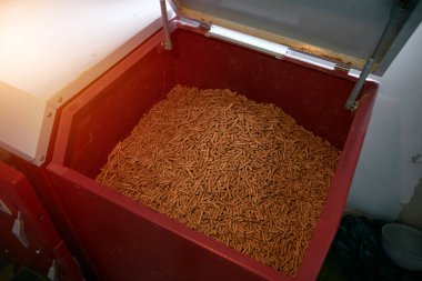 Yığılmış ahşap topaklara yakın çekim. Detaylı ahşap kurşunlar. Pelet dokusu