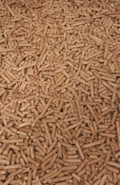 Tahta pelet düzlüğü. Yenilenebilir ve sürdürülebilir yakıt. 6 mm 'lik mermiler ahşap endüstrisinin yan ürünüdür.