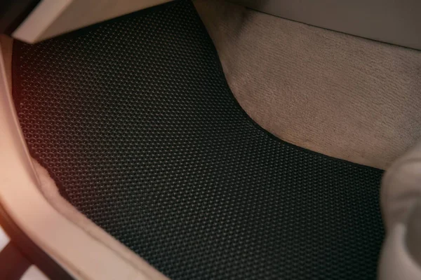 Driver-side black floor mats made of ethylene vinyl acetate shortened for EVA. Dark floor mats in the light interior of the car.