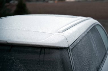 Car covered snow, frozen back window vehicle winter