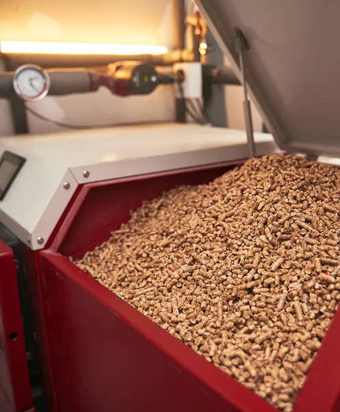 Pellet boiler system. Biomass heating systems generate heat from biomass. Renewable energy and sustainable future