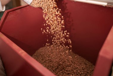 Close-up of a red color pellet oven in the household. Wooden pellet boiler room