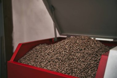 Tahta pelet ısıtma sobası. Kazan dairesinde yakıtlı katı yakıt kazanı.