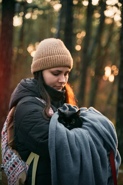 Woman Holds Cat Park Concept Having Fun Black Stray Domestic — Stok fotoğraf