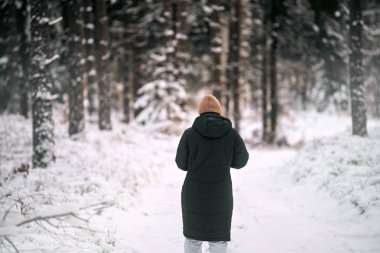 Young adult woman alone slowly walking after snowfall. Peaceful atmosphere in winter day. Enjoying fresh air in park. Back view.