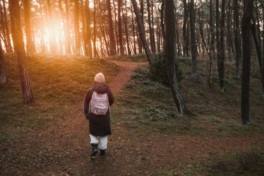 Ormanı keşfeden bir kadının fotoğrafı. Seyahat ve açık havada dolaşma kavramı.