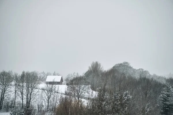 stock image Beautiful classic cottage house in the winter forest. House exterior design idea