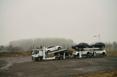 09.04.2023. Avrupa Almanya. Taşıyıcı karavan Tesla Model X otomobilleri taşıyor