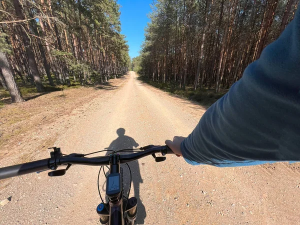 Pov Cykel Styret Närbild Begreppet Cykling Utomhus — Stockfoto