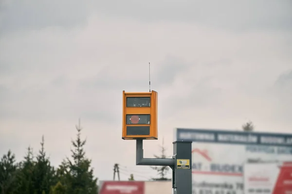 stock image Poland Europe - 08.04.2023 Speedcamera in Poland. Yellow speed camera. Speed control by the Police in European Union